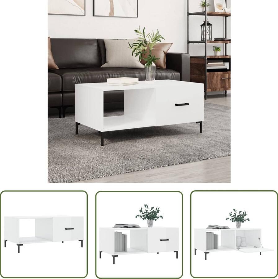 The Living Store Salontafel Trendy Hoogglans wit 90 x 50 x 40 cm Bewerkt hout en ijzer Salontafel Hoogglanstableau Houten Salontafel Salontafeltje Tv Tafeltje