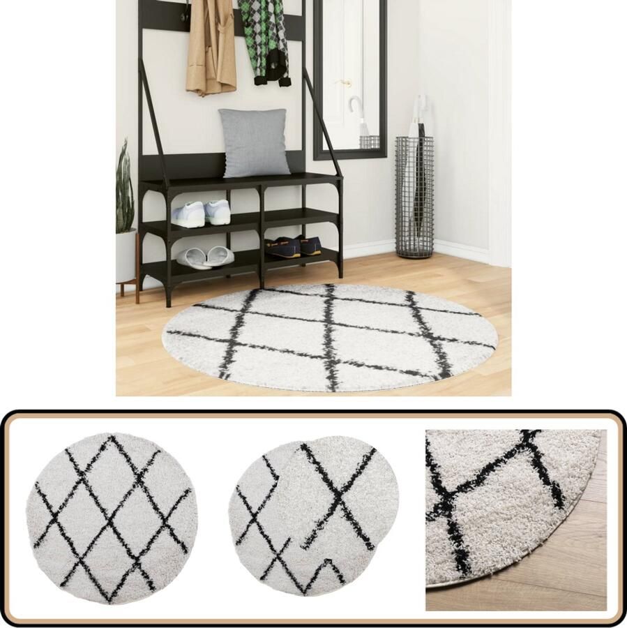 The Living Store PAMPLONA Shaggy Vloerkleed á 120cm Crème Zwart 100% Polypropeen OEKO-TEX Shaggy Vloerkleed Rond Vloerkleed Polypropyleen Vloerkleed Creme Vloerkleed Zwarte Vloerkleed