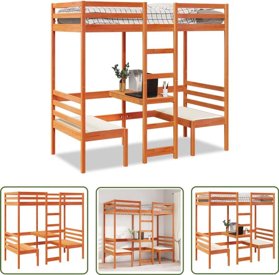 VidaXL Hoogslaapbed Hoogslaper met bureau en stoelen grenenhout wasbruin 75x190 cm Kinderkamer Tweepersoonsslaapbank Bureaublad
