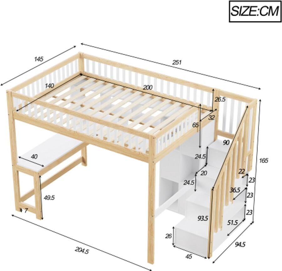 VidaXL Hoogslaper 140x200cm met ledverlichting opbergladder planken opbergvakken bureau zonder matras wit + naturel