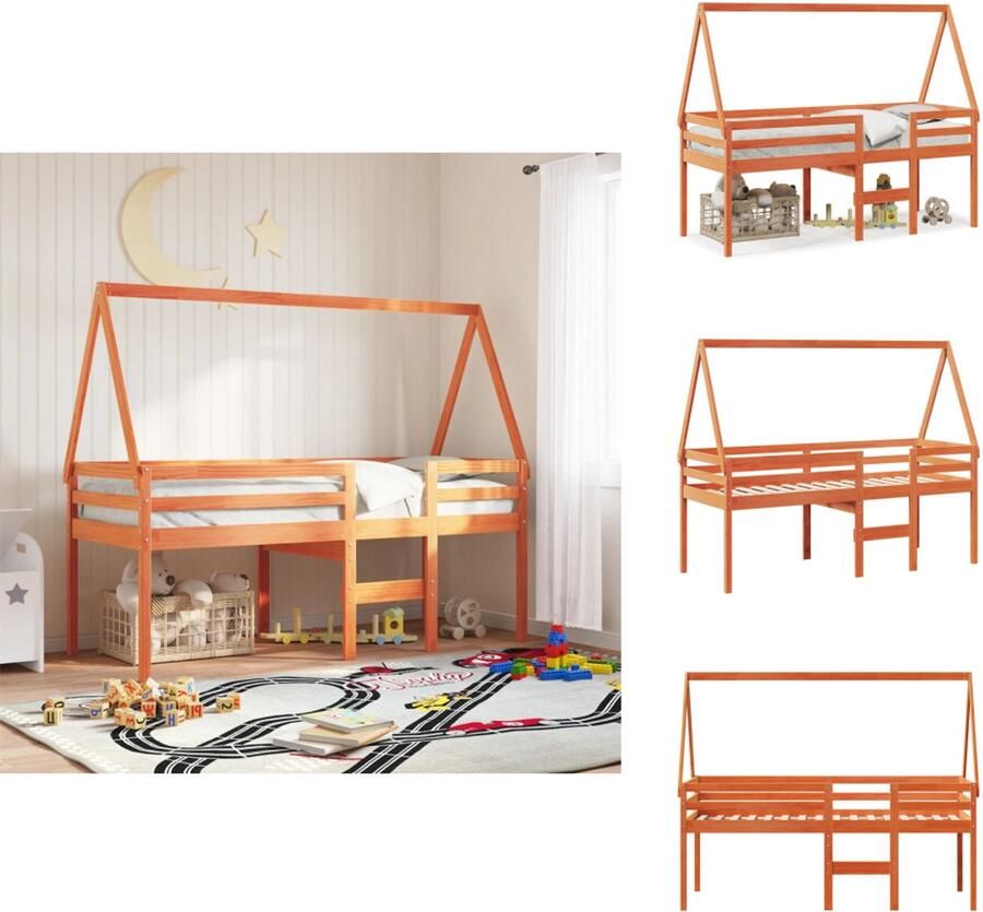 VidaXL Hoogslaper Hoogslapers Bedframe Kinderbedframe Hoogslaper met bedhuis massief grenenhout wasbruin 80x200 cm