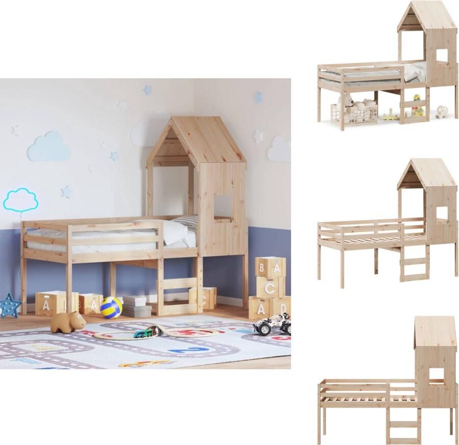 VidaXL Hoogslaper Hoogslapers Bedframe Kinderbedframe Hoogslaper met dak massief grenenhout 90x200 cm