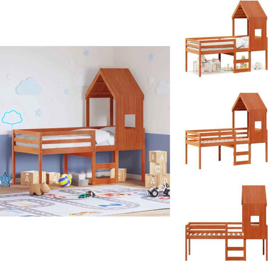 VidaXL Hoogslaper Hoogslapers Bedframe Kinderbedframe Hoogslaper met dak massief grenenhout wasbruin 90x200 cm