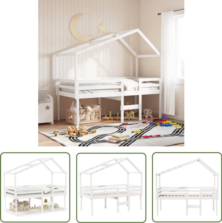 VidaXL Hoogslaper Kinderbed Hoogslaper met dak massief grenenhout wit 90x200 cm Houten Bed Grenenhouten Bed Witte Bed