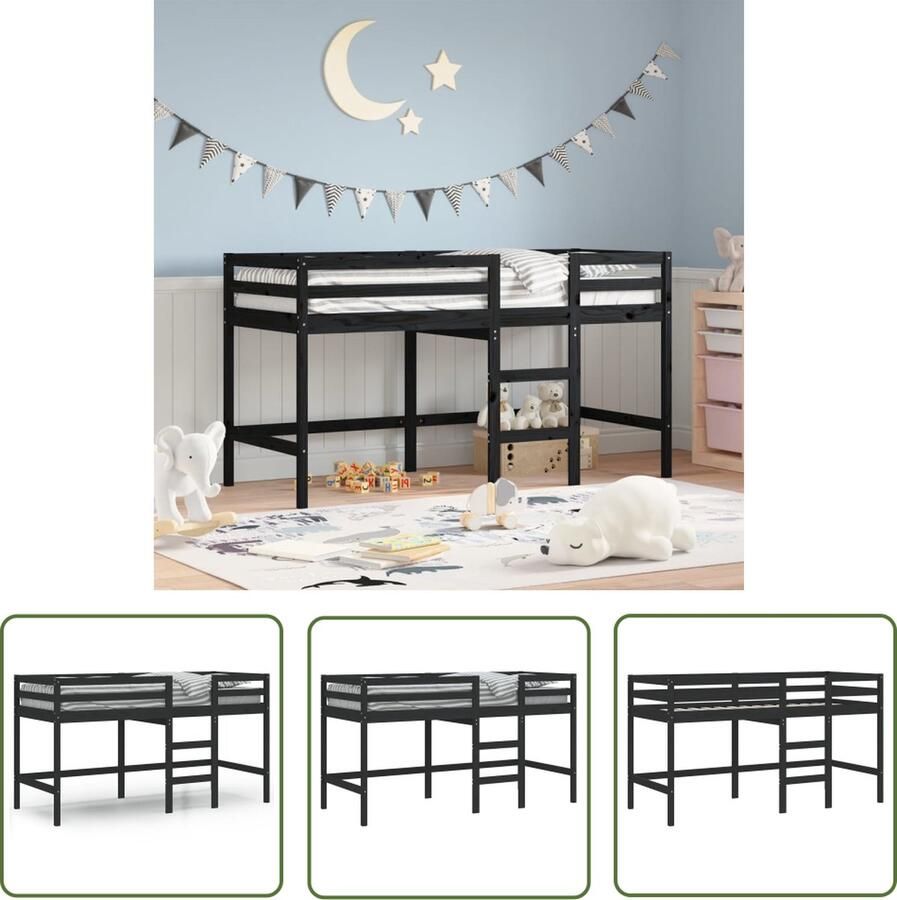 The Living Store Kinderhoogslaper met ladder 90x200 cm massief grenenhout zwart Kinderbed Hoogslaper Grenenhout Bed Kids Bed Tweepersoons Bed