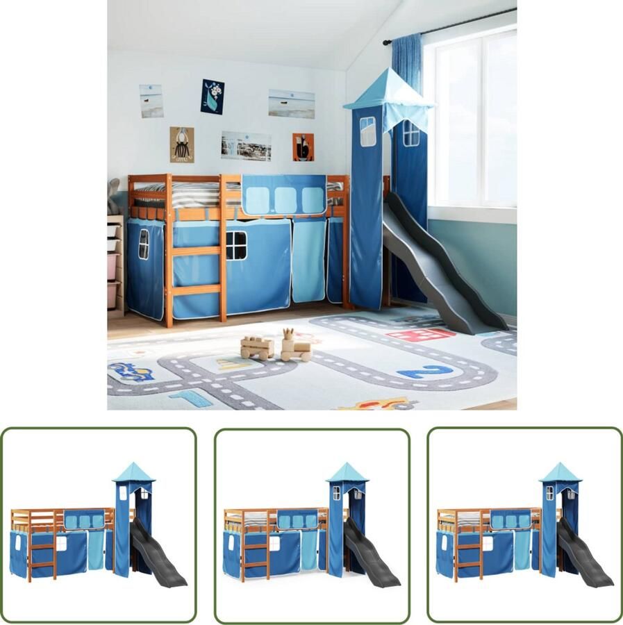 VidaXL Kinderhoogslaper met toren 80x200 cm massief grenenhout blauw Kinderbed Hoogslaper Kinderkamer Houten Bed Bunkbed
