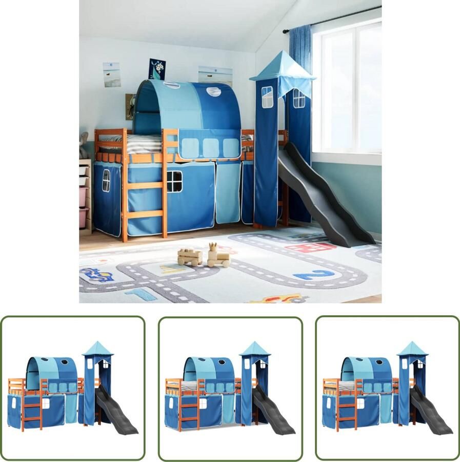 VidaXL Kinderhoogslaper met toren 80x200 cm massief grenenhout blauw Kinderbed Hoogslaper Kinderkamer Houten Bed Bunkbed