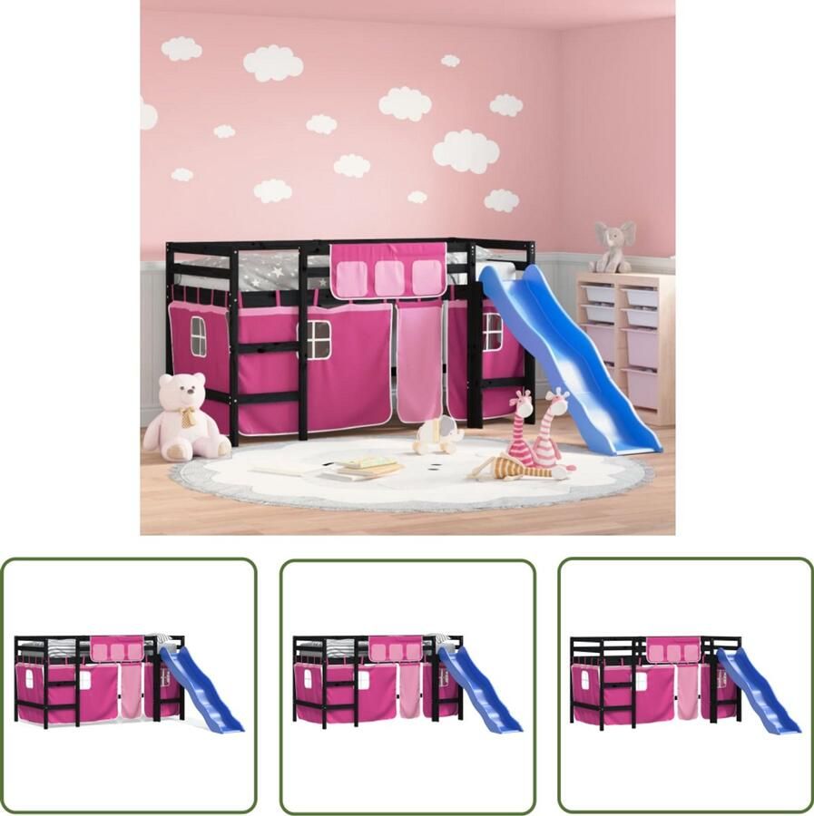 VidaXL Hoogslaper kinderen 90x200 Zwart Inclusief gordijnen Kindermeubilair Hoogslaper Loftbed Kids Bedroom Furniture Speelkamer Sleepplek Tweepersoonsbed Rozenkleurig