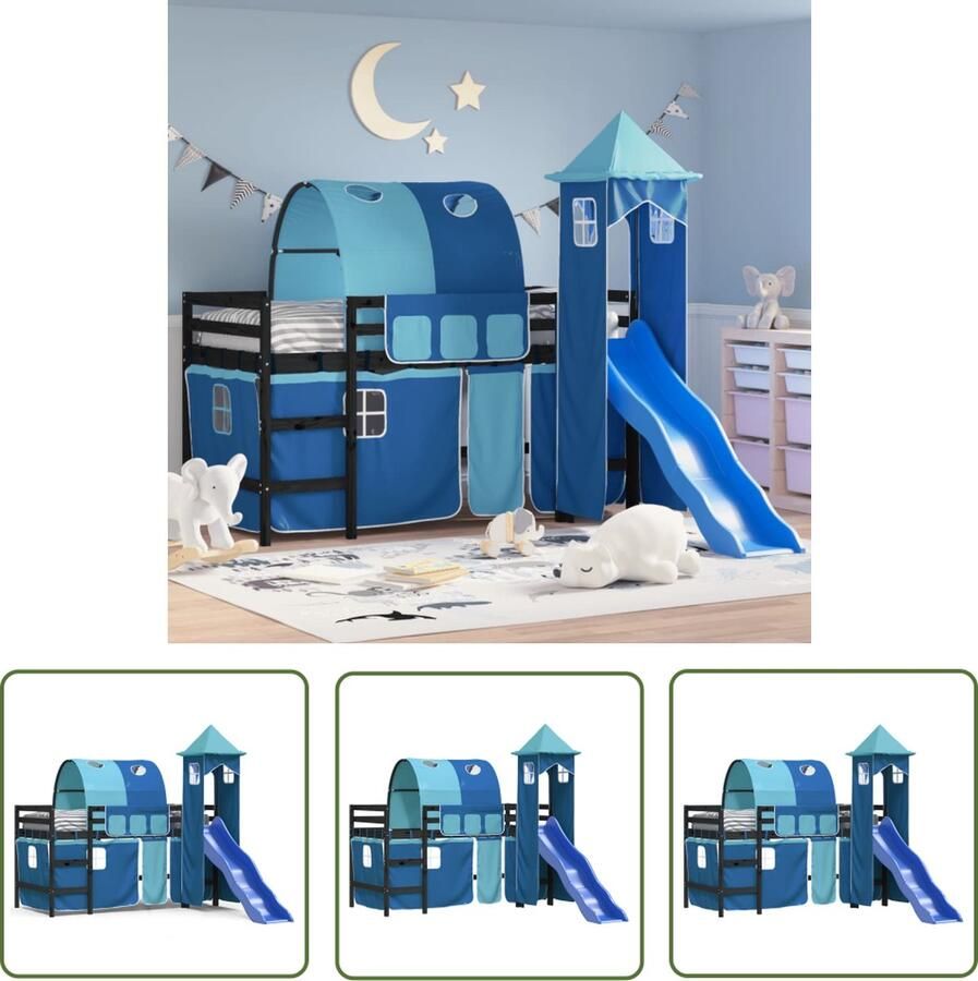 The Living Store Kinderhoogslaper Zwart 205.5 x 87.5 x 113.5 cm Glijbaan en Gordijnset Hoogslaper voor kinderen van massief grenenhout Kinderhooghsleeper Hoogslaper Kidsbed Meubel Kinderkamermeubilair