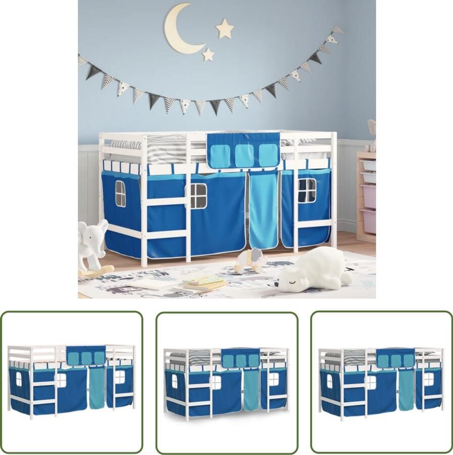 VidaXL Kinderhoogslaper met gordijnen 80x200 cm grenenhout blauw Kinderhoogslaper Hoogslaper Kidsbed Grenenhout Blauwe Kinderkamer