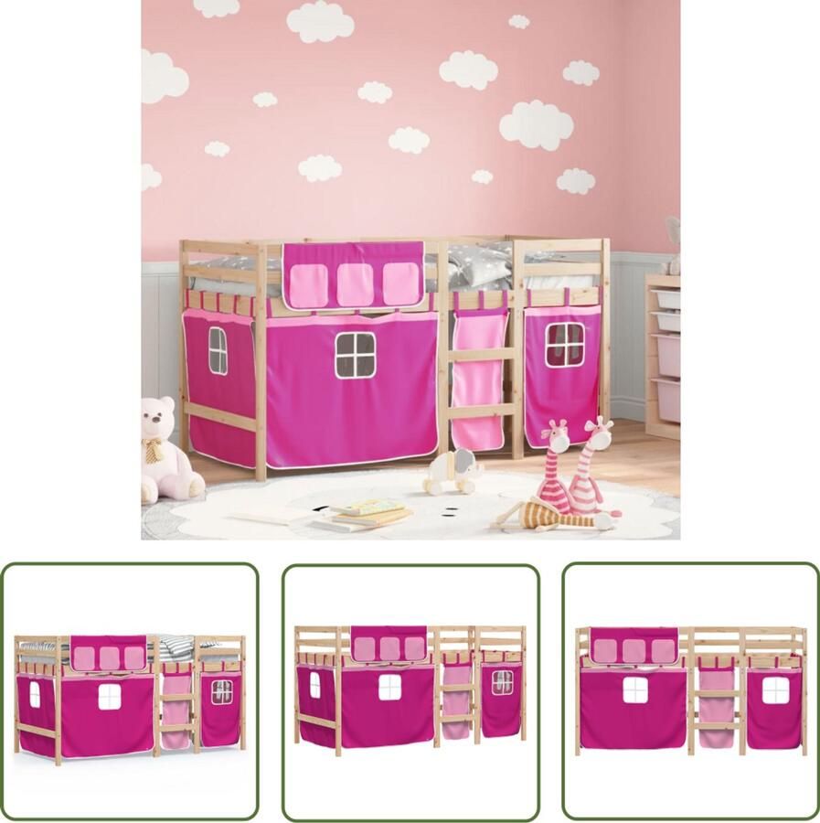 VidaXL Kinderhoogslaper met gordijnen 90x200 cm grenenhout roze Kinderhoogslaper Hoogslaper Grenenhout Meisjeskamer Rozerood
