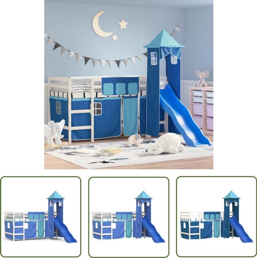 VidaXL Hoogslaper Kinderhoogslaper met toren 80x200 cm massief grenenhout blauw Grenenhouten Bed Kids Bed Speelhogeslaper