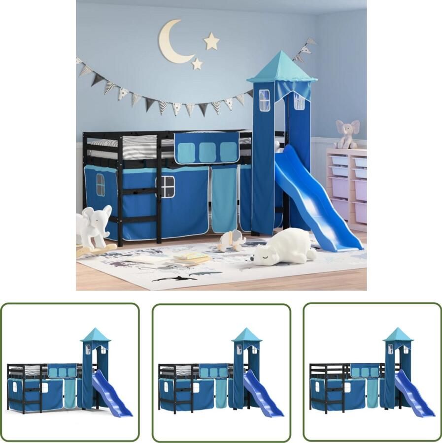 VidaXL Hoogslaper Kinderhoogslaper met toren 80x200 cm massief grenenhout blauw Kidsbed Grenenhout Bed Speelbed
