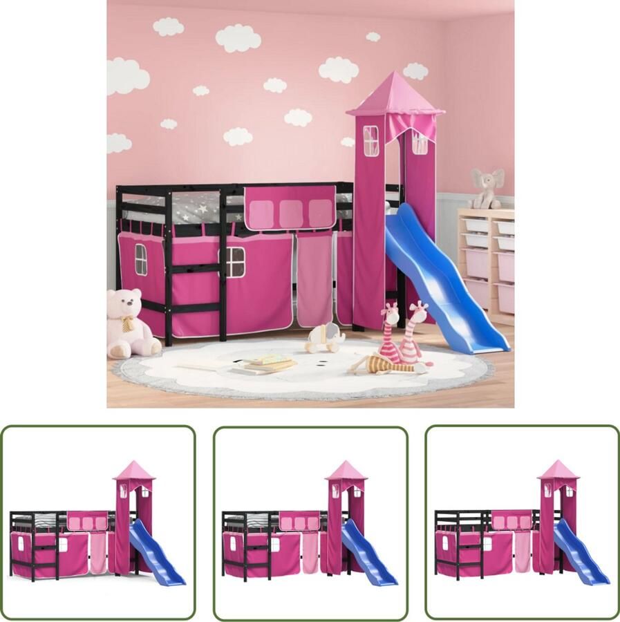 VidaXL Hoogslaper Kinderhoogslaper met toren 80x200 cm massief grenenhout roze Grenenhout Meisjeskamer Rozerde Kleur