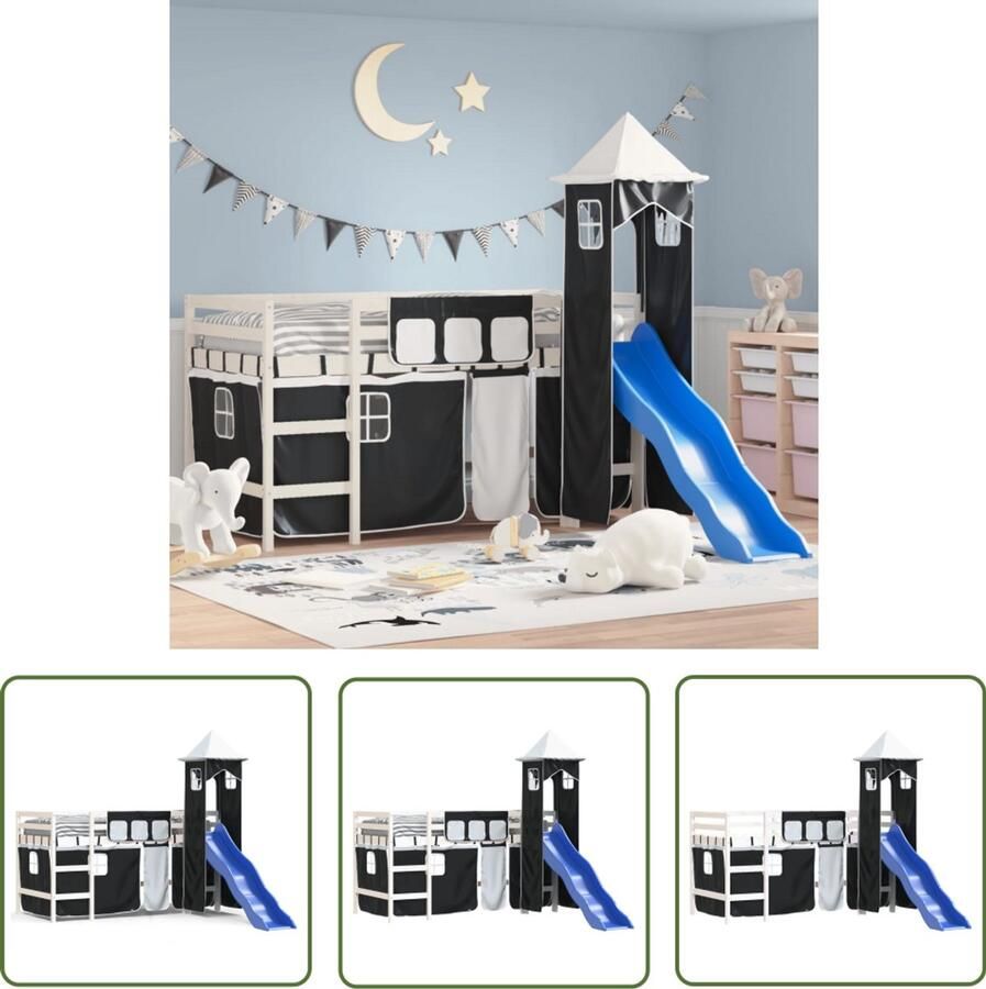 VidaXL Hoogslaper Kinderhoogslaper met toren 90x190 cm grenenhout wit en zwart Kidsbed Grenenhout Bed Kindermeubilair