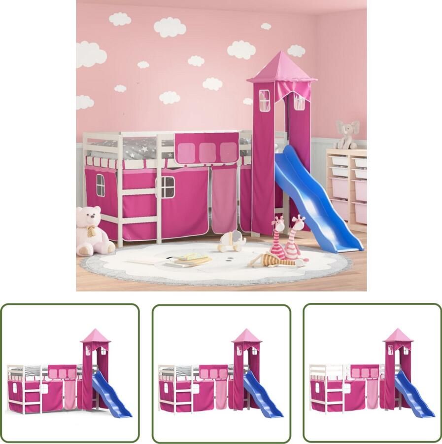 VidaXL Hoogslaper Kinderhoogslaper met toren 90x190 cm massief grenenhout roze Kinderbed Grenenhout Bed Meisjesbed