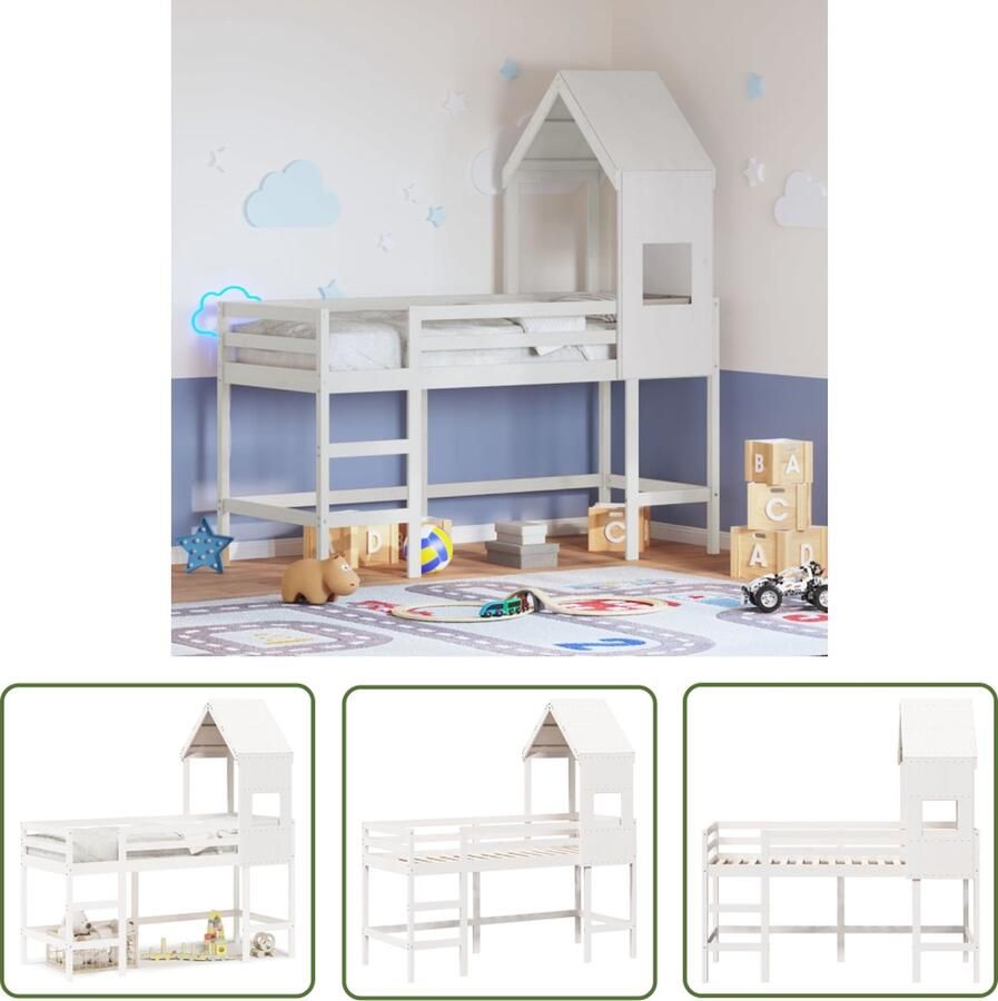 VidaXL Hoogslaper Kinderkamer Halfhoogslaper met ladder en bedhuis grenenhout wit 90x190 cm Massief Hout Grenenhout Witte Bed