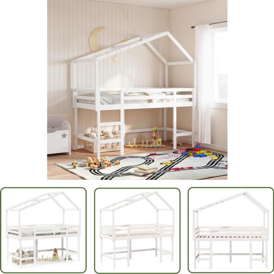 VidaXL Hoogslaper Kinderkamer Halfhoogslaper met ladder en bedhuis grenenhout wit 90x200 cm Halfhoogslaper Bed Frame Grenenhout