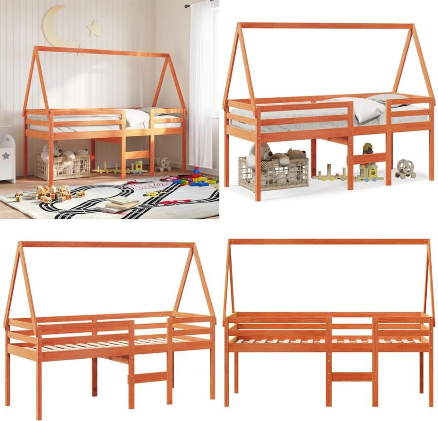 VidaXL Hoogslaper met bedhuis massief grenenhout wasbruin 80x200 cm Hoogslaper Hoogslapers Bedframe Kinderbedframe