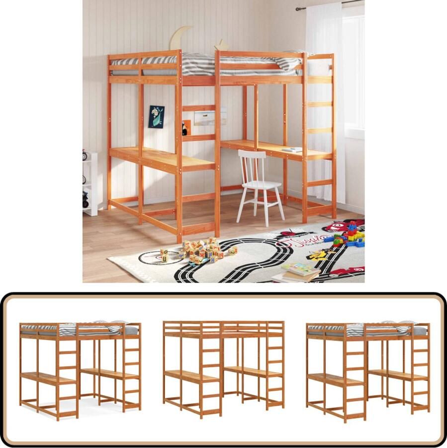 VidaXL Hoogslaper met bureau en ladder grenenhout wasbruin 200x200 cm