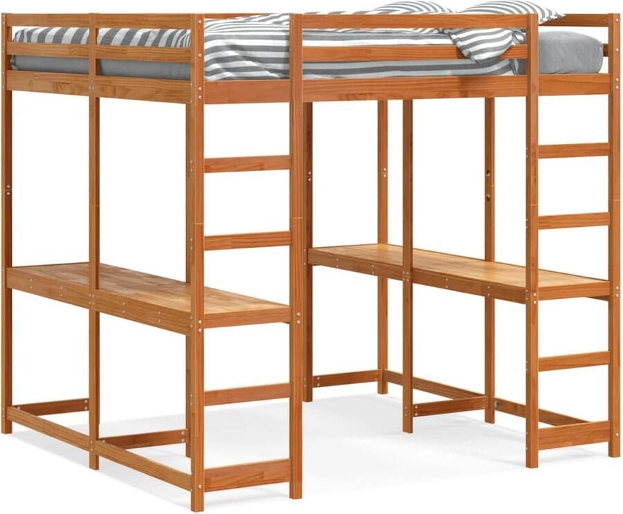VidaXL Hoogslaper met bureau en ladder grenenhout wasbruin 200x200 cm