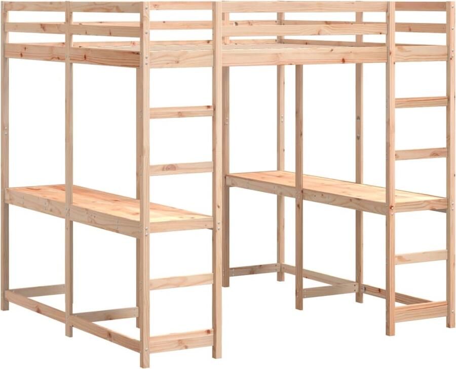VidaXL Hoogslaper met bureau en ladder massief grenenhout 180x200 cm