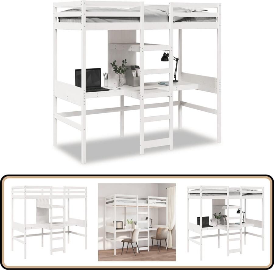 VidaXL Hoogslaper met bureau en schappen grenenhout wit 90x200cm