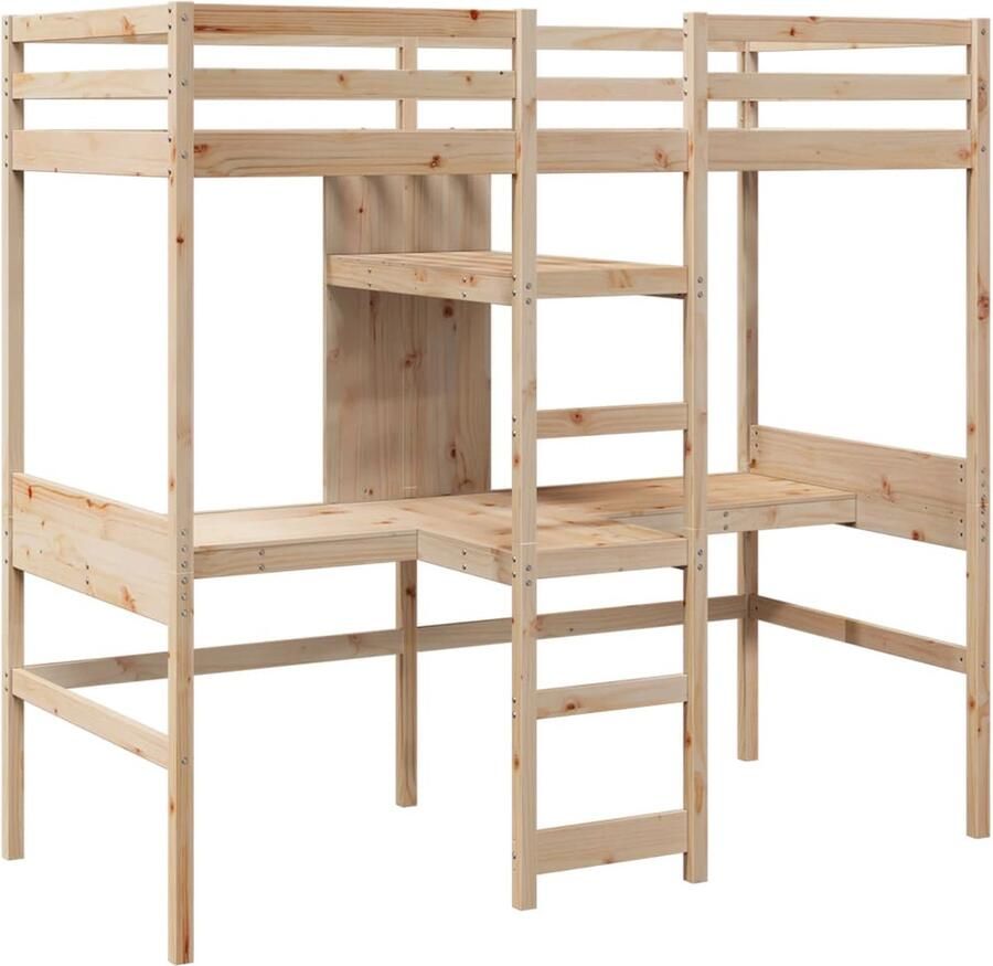 VidaXL Hoogslaper met bureau en schappen massief grenenhout 90x200cm