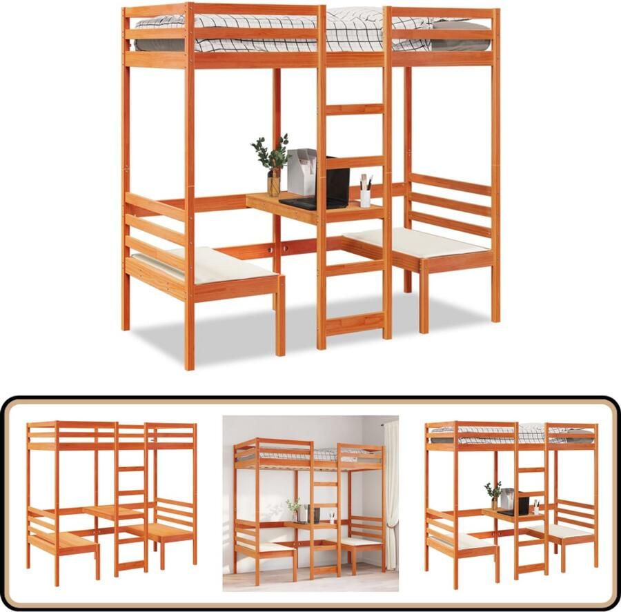 VidaXL Hoogslaper met bureau en stoelen grenenhout wasbruin 75x190 cm