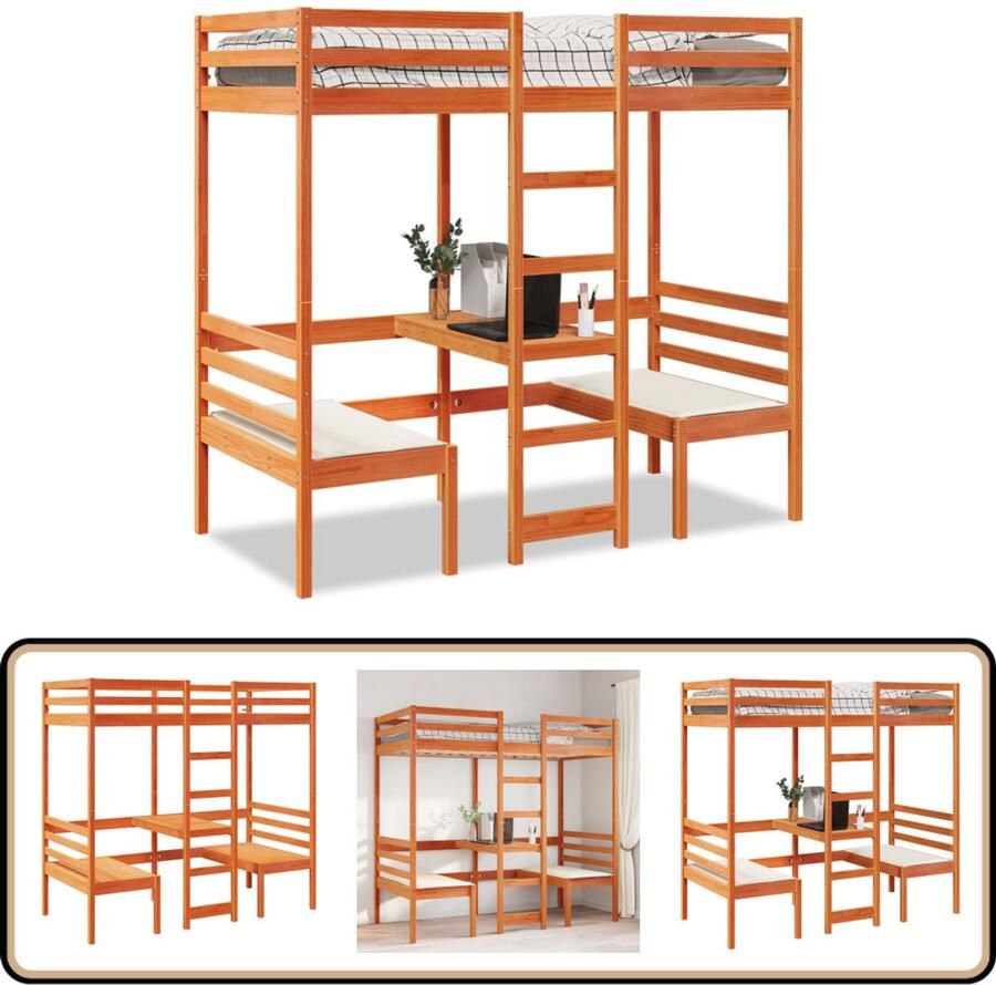 VidaXL Hoogslaper met bureau en stoelen grenenhout wasbruin 90x190 cm