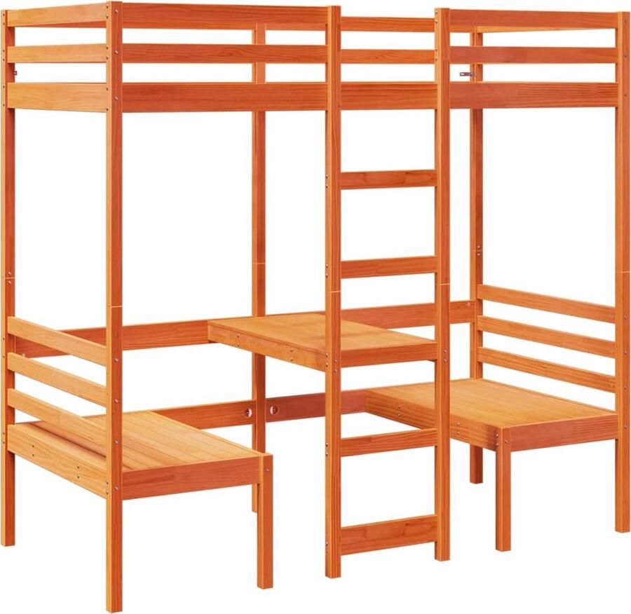 VidaXL Hoogslaper met bureau en stoelen grenenhout wasbruin 90x200cm