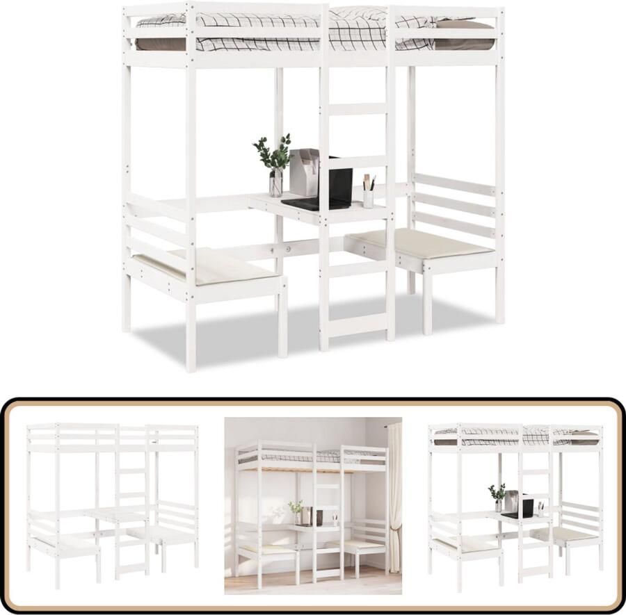 VidaXL Hoogslaper met bureau en stoelen grenenhout wit 75x190 cm
