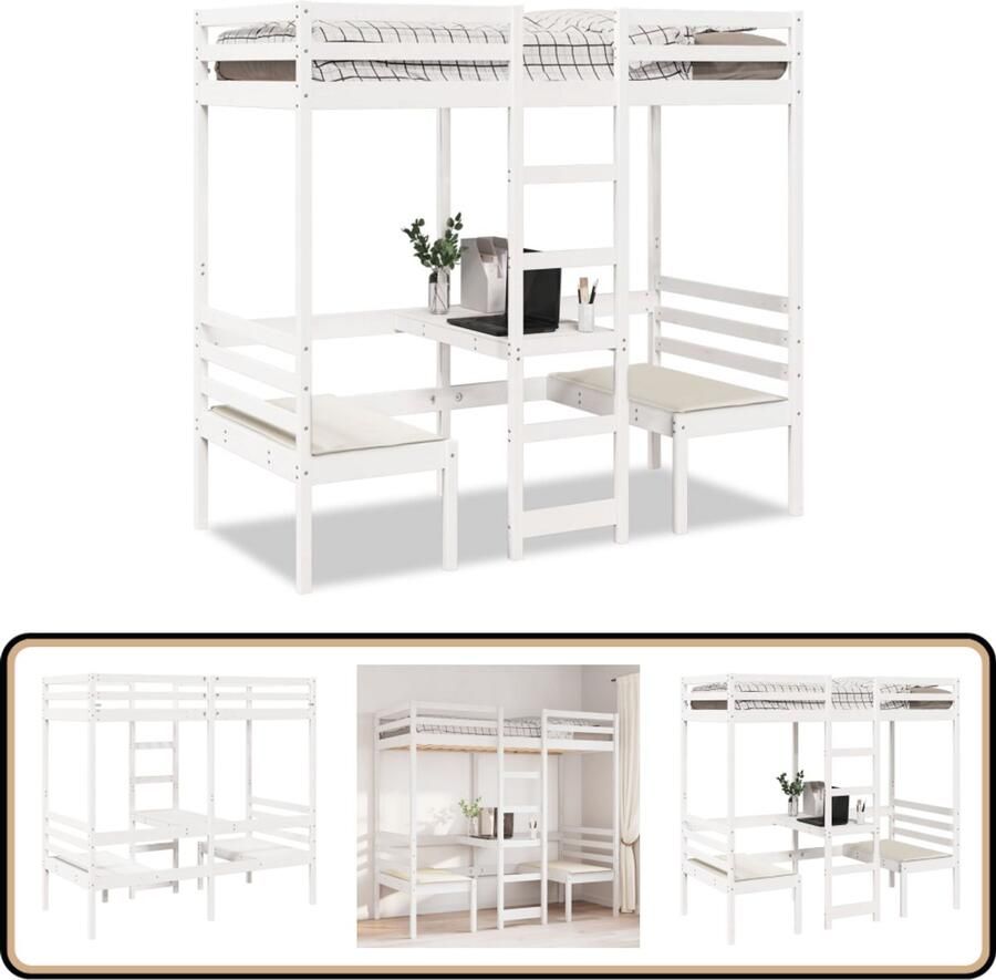 VidaXL Hoogslaper met bureau en stoelen grenenhout wit 90x200cm