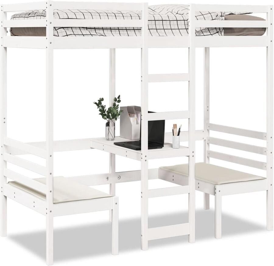 VidaXL Hoogslaper met bureau en stoelen grenenhout wit 90x200cm - Foto 2