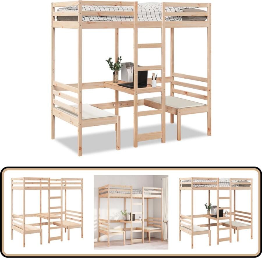 VidaXL Hoogslaper met bureau en stoelen massief grenenhout 80x200cm