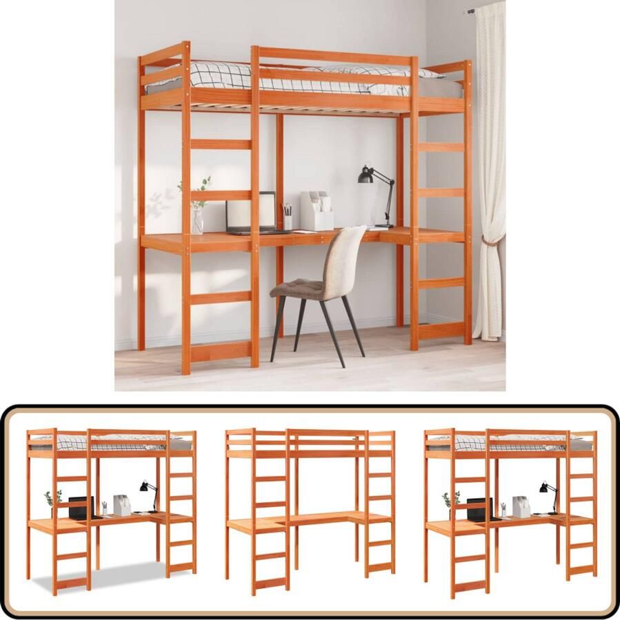 VidaXL Hoogslaper met bureau grenenhout wasbruin 90x200 cm