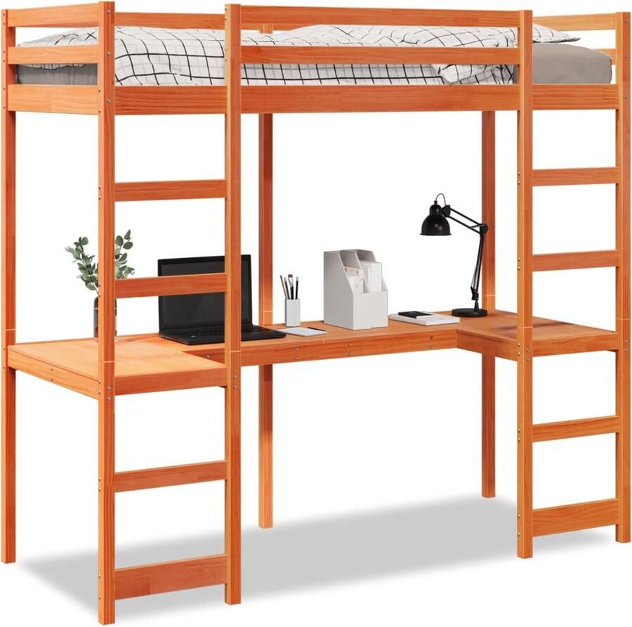 VidaXL Hoogslaper met bureau grenenhout wasbruin 90x200 cm