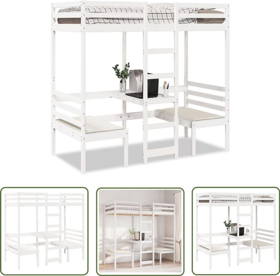VidaXL Hoogslaper Met Bureau Hoogslaper met bureau en stoelen grenenhout wit 75x190 cm Kinderkamer Tweepersoonsslaapbank Bureau
