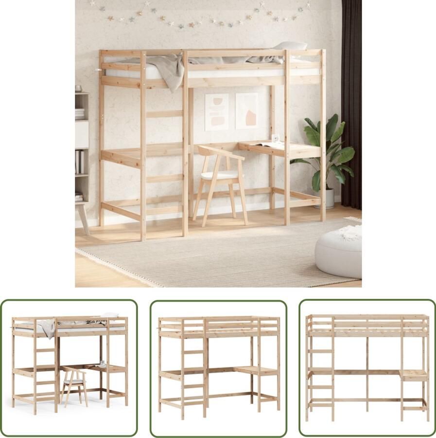 VidaXL Hoogslaper Met Bureau Hoogslaper met bureau massief grenenhout 90x200 cm Kidsbed Kindermeubilair Grenenhouten Bed