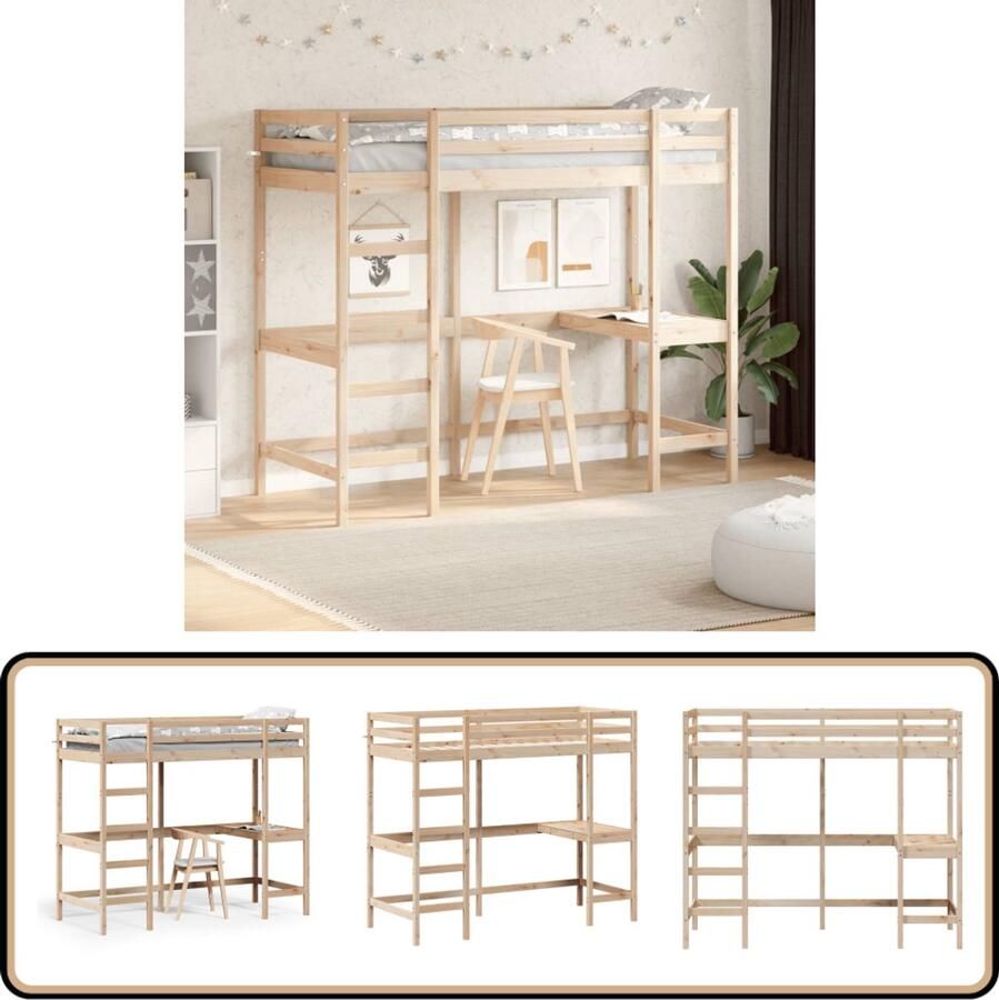 VidaXL Hoogslaper met bureau massief grenenhout 75x190 cm