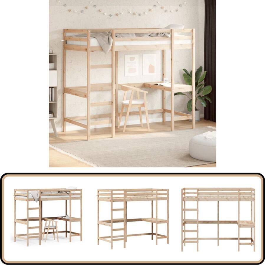 VidaXL Hoogslaper met bureau massief grenenhout 90x200 cm