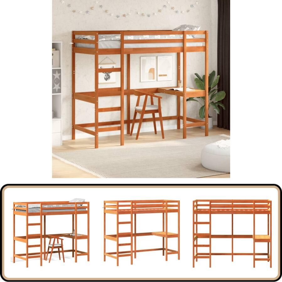 VidaXL Hoogslaper met bureau massief grenenhout wasbruin 75x190 cm - Foto 2