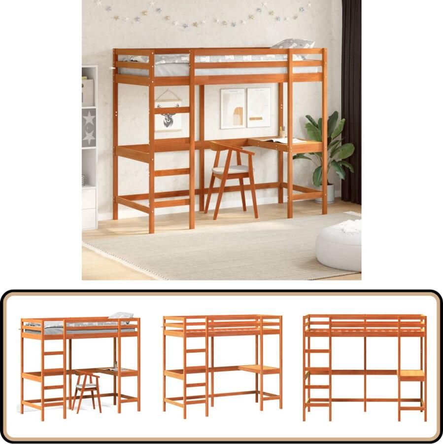 VidaXL Hoogslaper met bureau massief grenenhout wasbruin 80x200 cm