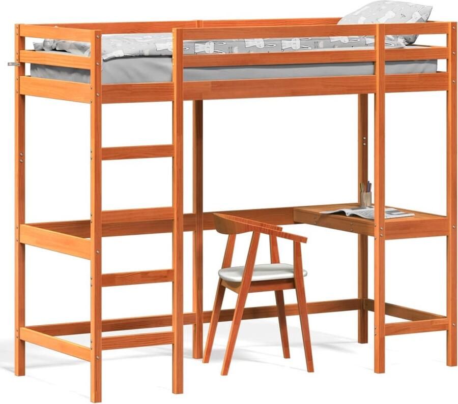 Vida XL Hoogslaper met bureau massief grenenhout wasbruin 80x200 cm SKU: V842857 - Foto 2