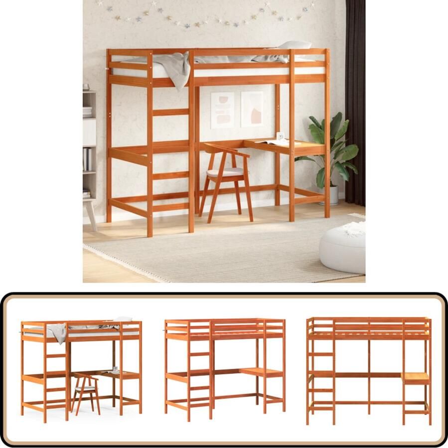 Vida XL Hoogslaper met bureau massief grenenhout wasbruin 90x190 cm SKU: V842861 - Foto 2