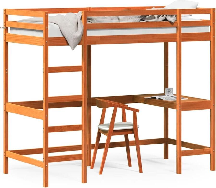 Vida XL Hoogslaper met bureau massief grenenhout wasbruin 90x190 cm SKU: V842861 - Foto 2