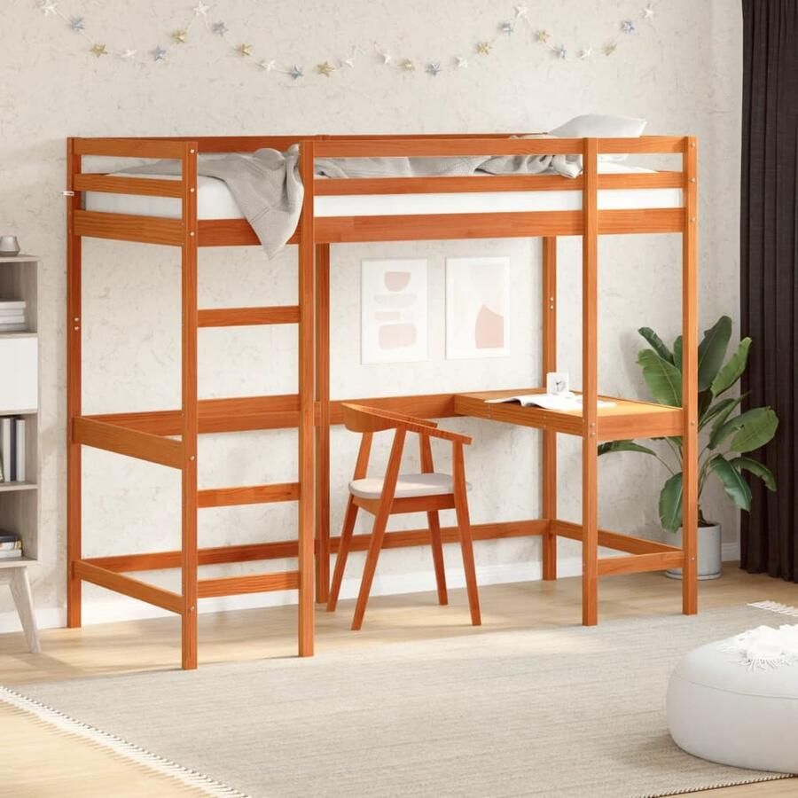 Vida XL Hoogslaper met bureau massief grenenhout wasbruin 90x200 cm SKU: V842853 - Foto 2