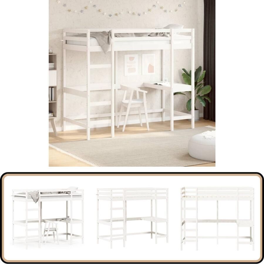 VidaXL Hoogslaper met bureau massief grenenhout wit 100x200 cm - Foto 2