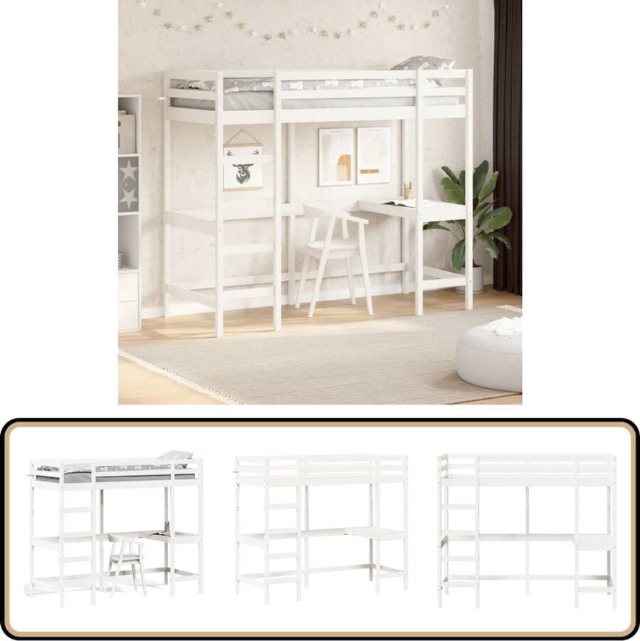 VidaXL Hoogslaper met bureau massief grenenhout wit 75x190 cm
