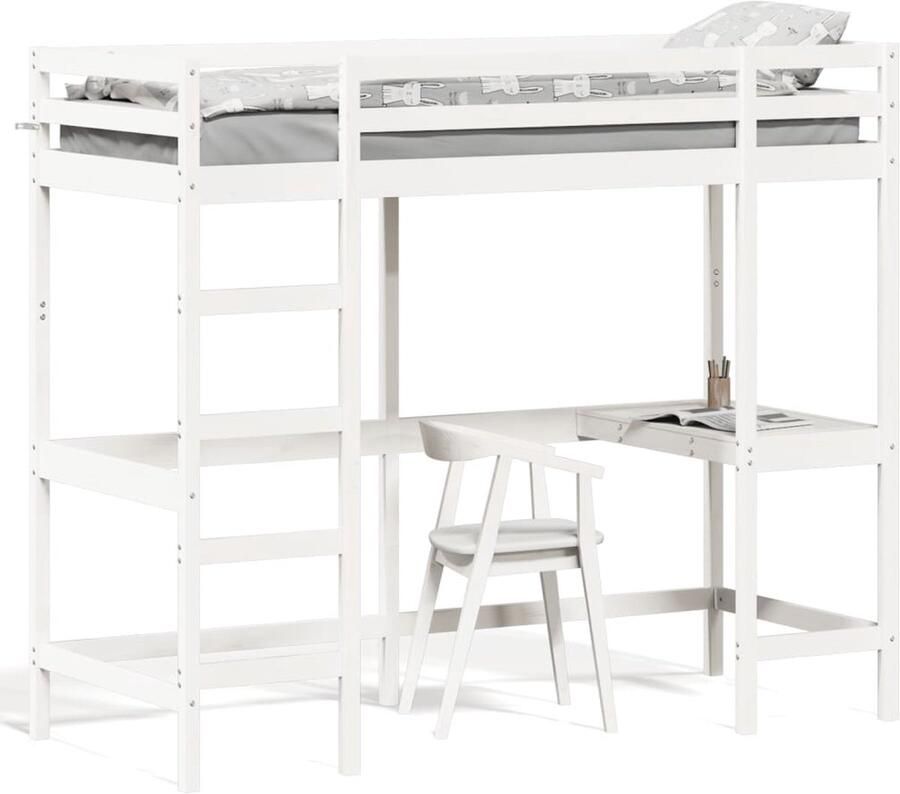 Vida XL Hoogslaper met bureau massief grenenhout wit 75x190 cm SKU: V842863 - Foto 3